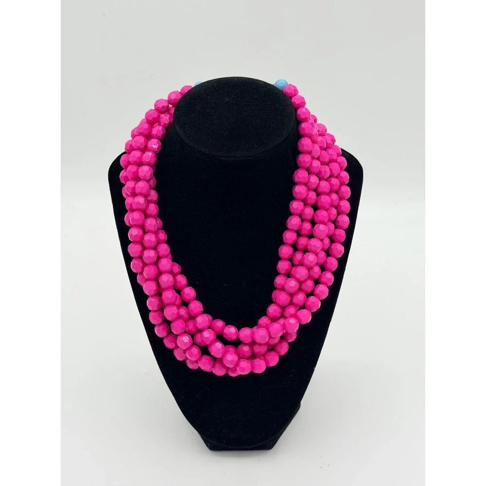 Swell Caroline Hot Pink Blue 5 Strand Beaded Statement Necklance Preppy Resort